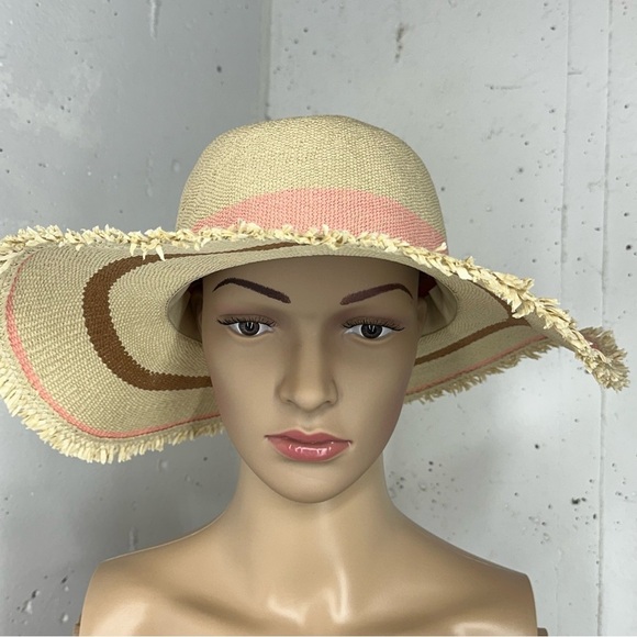 Roxy size M/ L Straw Pink Stripe Floppy Fringe Sun Hat - Picture 5 of 11